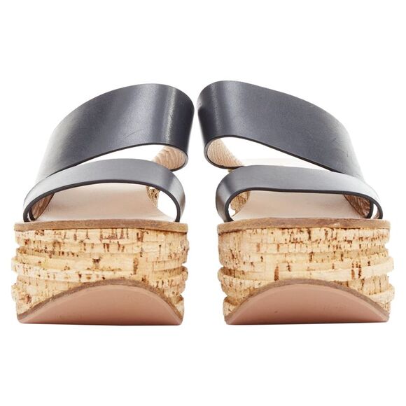 Chloe navy leather cork platform wedge sandals - Picture 3 of 6